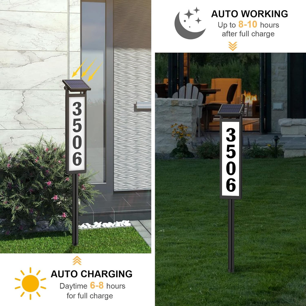 Solar Illuminated LED Lighted Address Sign, House Numbers for outside Yard Home, Numbers Plaque Outdoor Waterproof, Black