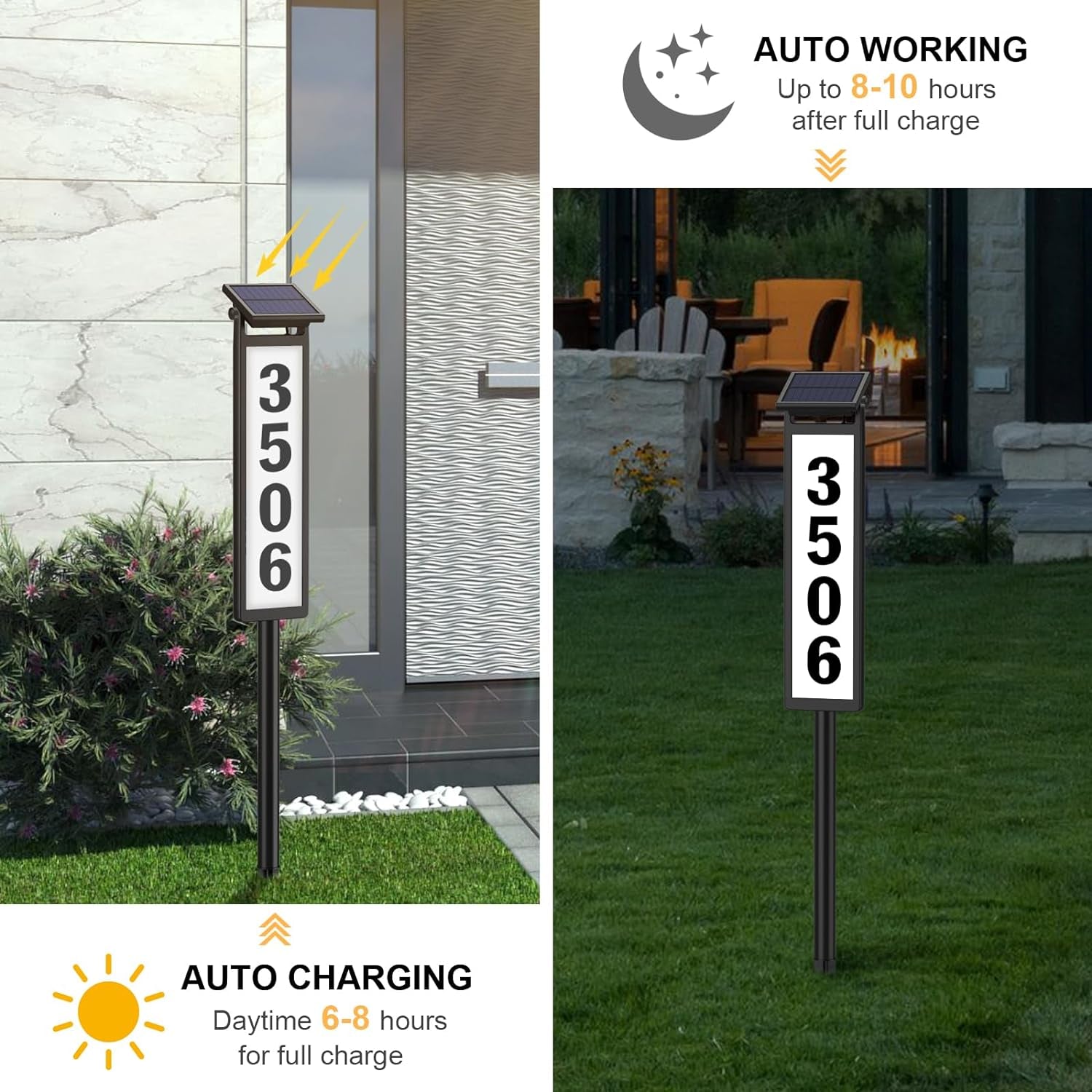 Solar Illuminated LED Lighted Address Sign, House Numbers for outside Yard Home, Numbers Plaque Outdoor Waterproof, Black