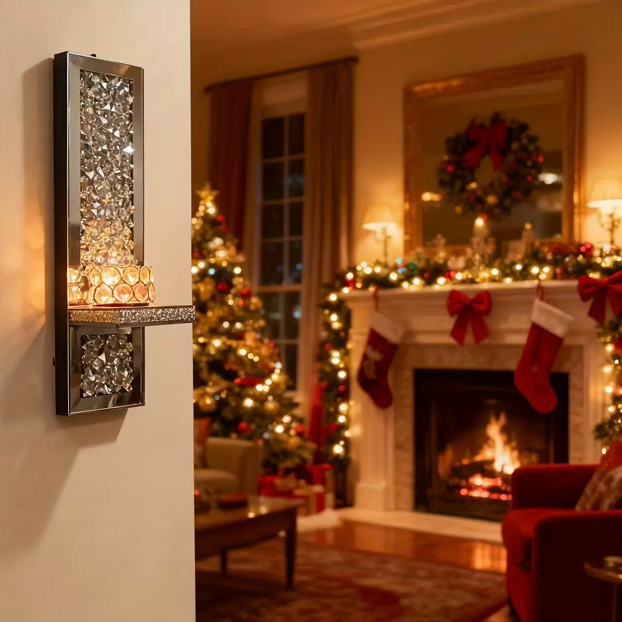 2-Piece Gold Crystal Mirror Wall Candle Sconce Set
