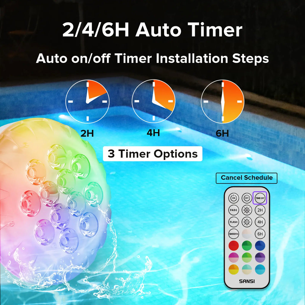SANSI RGB Pool Lights with RF Remote & Timer – Waterproof, Battery Operated, Flash/Fade/Smooth Modes, Magnetic & Suction Installation – Portable for Showers, Pools, Outdoors – Perfect for Garden Summervibes
