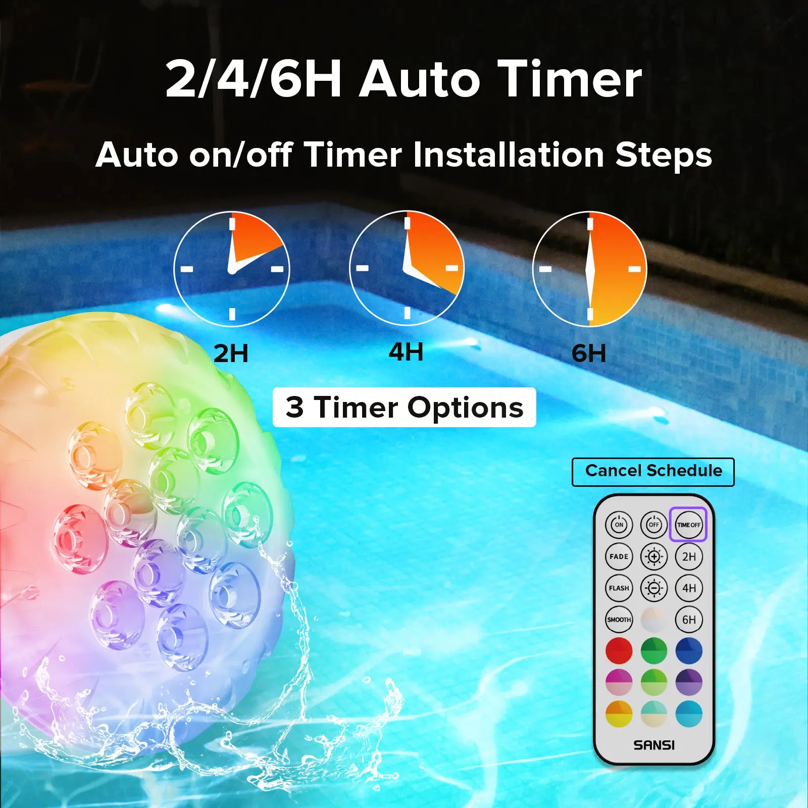 SANSI RGB Pool Lights with RF Remote & Timer – Waterproof, Battery Operated, Flash/Fade/Smooth Modes, Magnetic & Suction Installation – Portable for Showers, Pools, Outdoors – Perfect for Garden Summervibes