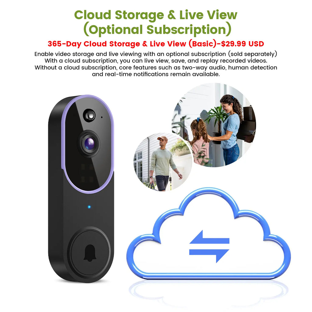 Wireless Video Doorbell Camera, Smart Security Doorbell Camera, 1080P, AI Human Detection , Night Vision, Instant Alert, Two Way Audio, 2.4G Wifi Only, Simple Installation and Rechargeable Battery, Cloud Storage, Wifi Camera