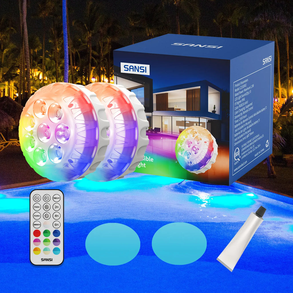 SANSI RGB Pool Lights with RF Remote & Timer – Waterproof, Battery Operated, Flash/Fade/Smooth Modes, Magnetic & Suction Installation – Portable for Showers, Pools, Outdoors – Perfect for Garden Summervibes