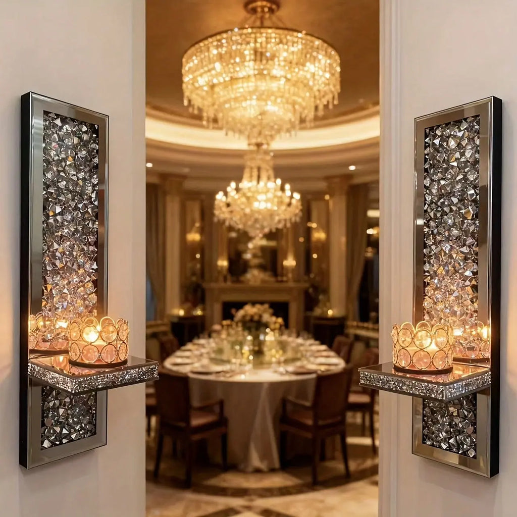 2-Piece Gold Crystal Mirror Wall Candle Sconce Set