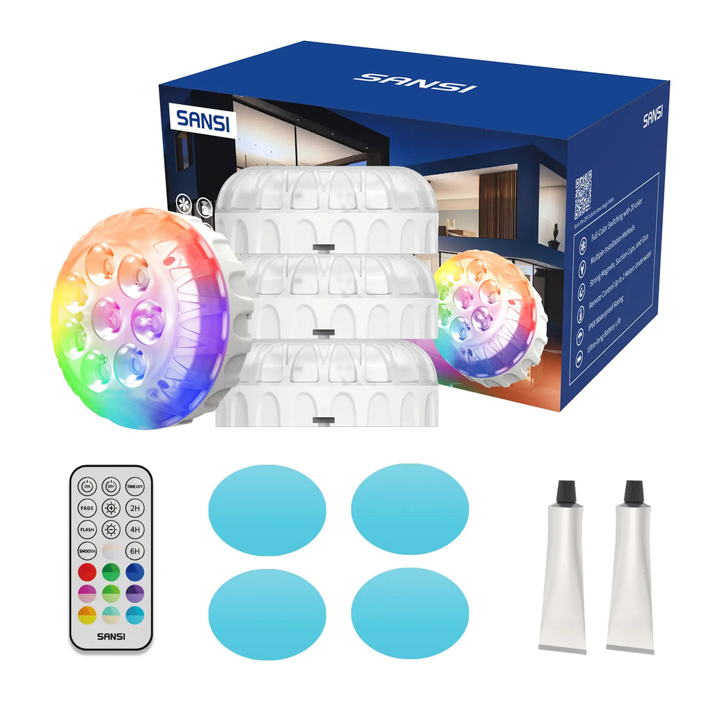 SANSI RGB Pool Lights with RF Remote & Timer – Waterproof, Battery Operated, Flash/Fade/Smooth Modes, Magnetic & Suction Installation – Portable for Showers, Pools, Outdoors – Perfect for Garden Summervibes