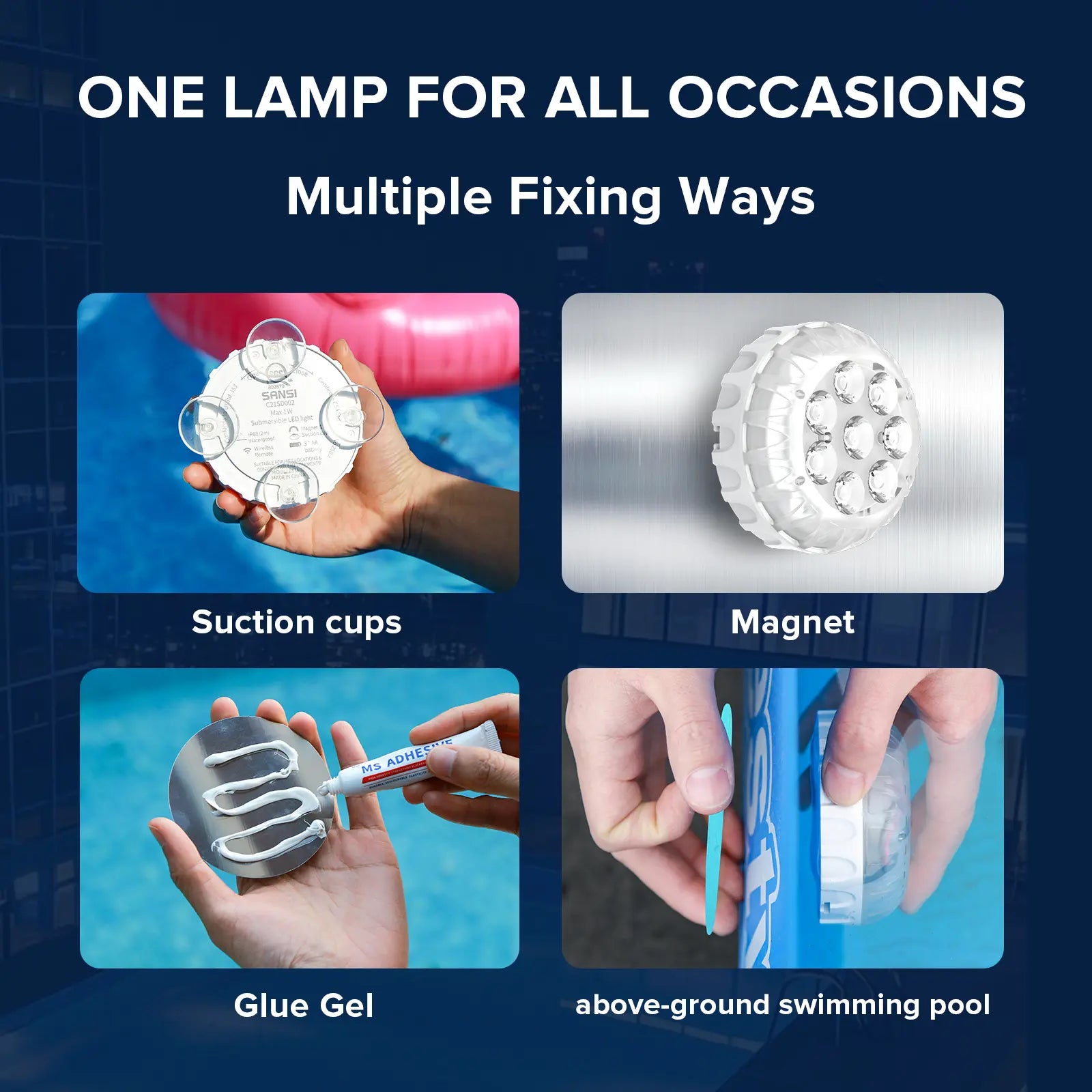SANSI RGB Pool Lights with RF Remote & Timer – Waterproof, Battery Operated, Flash/Fade/Smooth Modes, Magnetic & Suction Installation – Portable for Showers, Pools, Outdoors – Perfect for Garden Summervibes