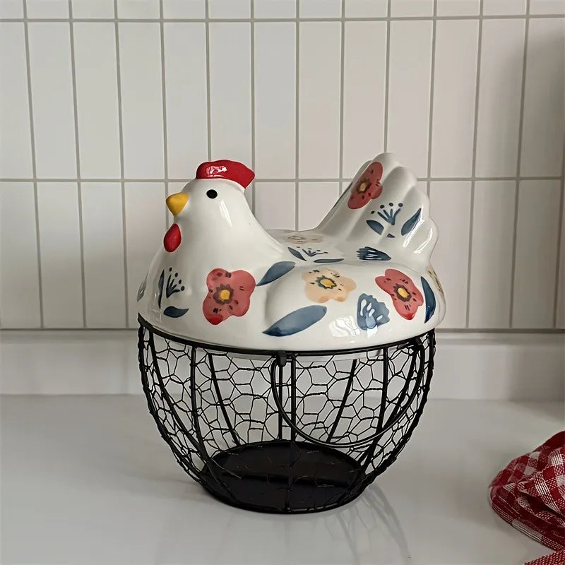 Charming Rustic Farmhouse Hen-Shaped Ceramic Egg Basket - Stylish Egg Holder with Lid for Organizing Fruits and Veggies