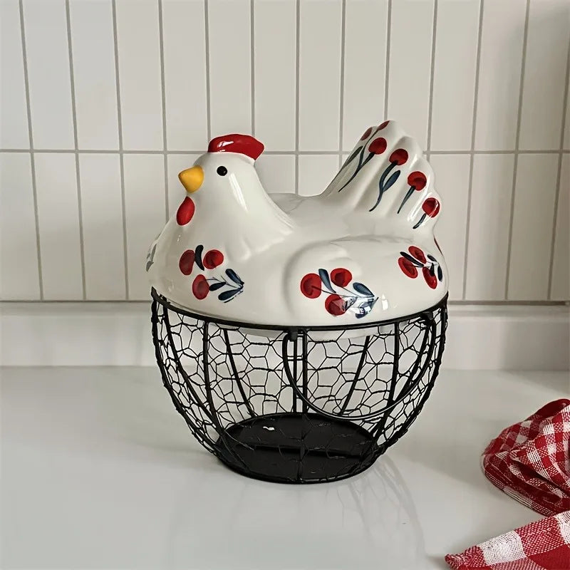 Charming Rustic Farmhouse Hen-Shaped Ceramic Egg Basket - Stylish Egg Holder with Lid for Organizing Fruits and Veggies