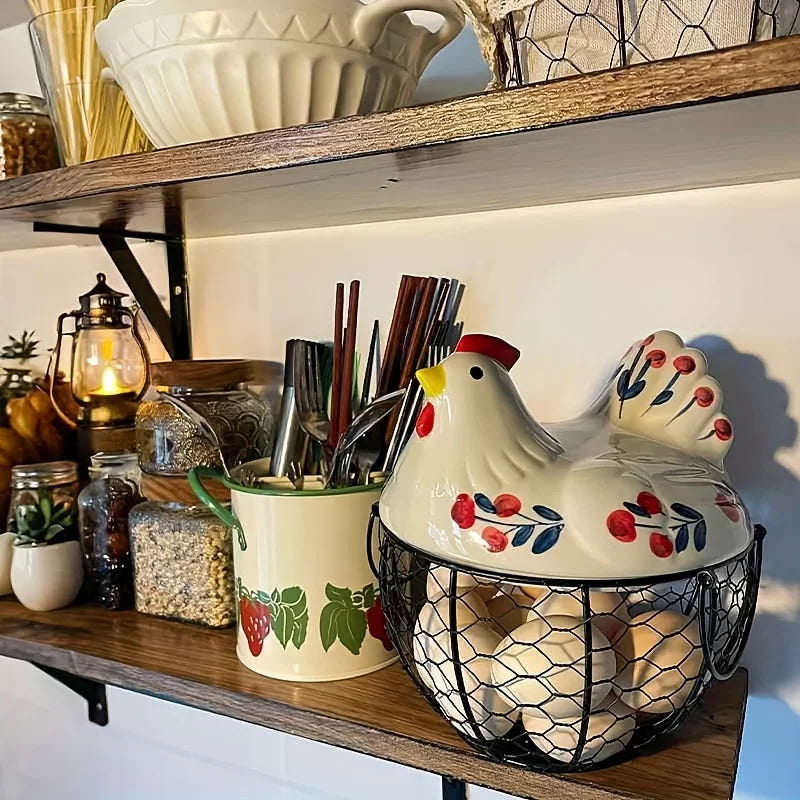 Charming Rustic Farmhouse Hen-Shaped Ceramic Egg Basket - Stylish Egg Holder with Lid for Organizing Fruits and Veggies