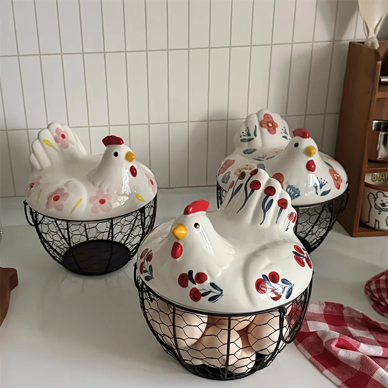 Charming Rustic Farmhouse Hen-Shaped Ceramic Egg Basket - Stylish Egg Holder with Lid for Organizing Fruits and Veggies