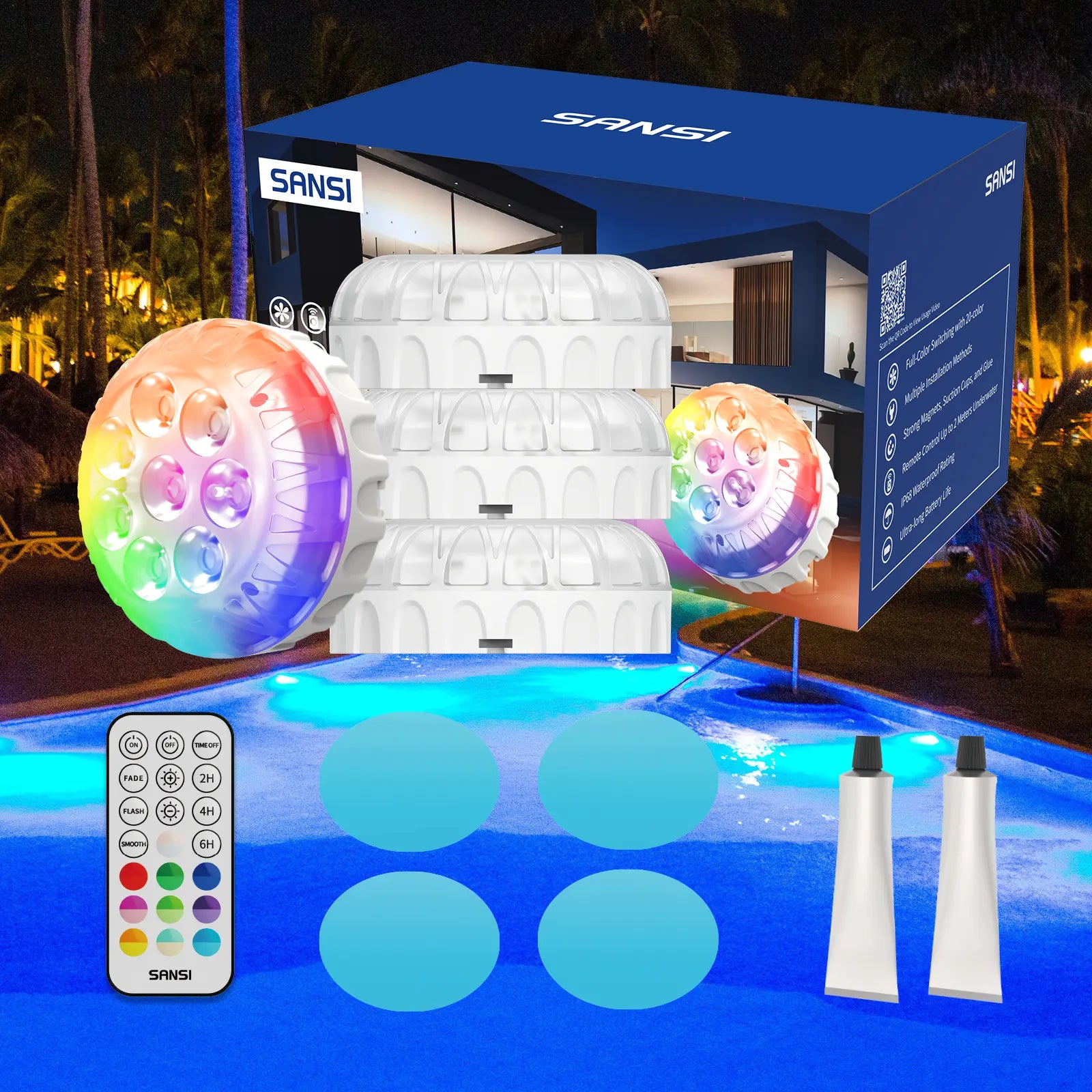 SANSI RGB Pool Lights with RF Remote & Timer – Waterproof, Battery Operated, Flash/Fade/Smooth Modes, Magnetic & Suction Installation – Portable for Showers, Pools, Outdoors – Perfect for Garden Summervibes