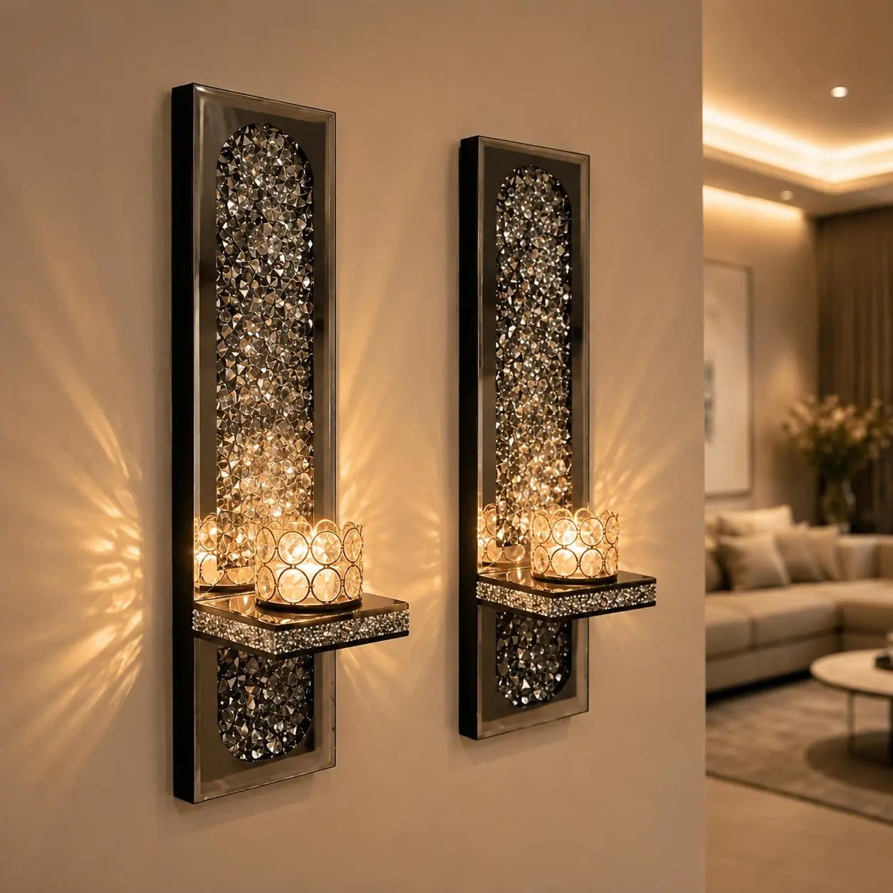 2-Piece Gold Crystal Mirror Wall Candle Sconce Set
