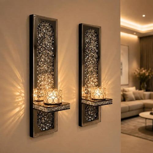 2-Piece Gold Crystal Mirror Wall Candle Sconce Set