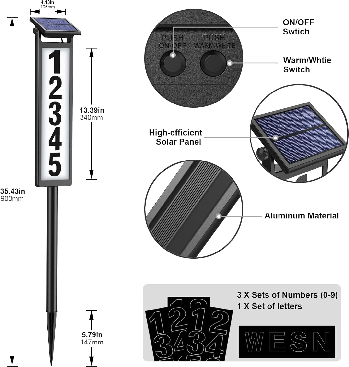 Solar Illuminated LED Lighted Address Sign, House Numbers for outside Yard Home, Numbers Plaque Outdoor Waterproof, Black