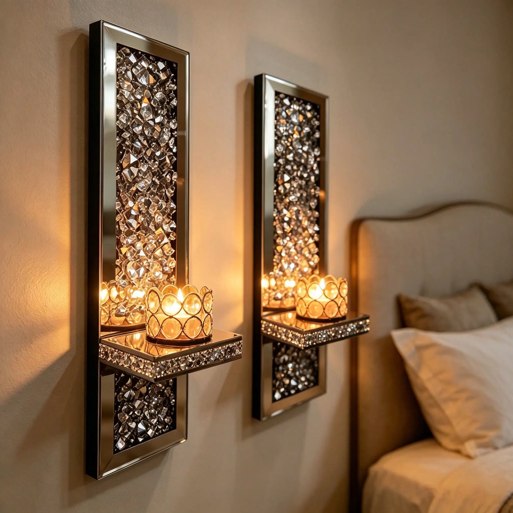 2-Piece Gold Crystal Mirror Wall Candle Sconce Set