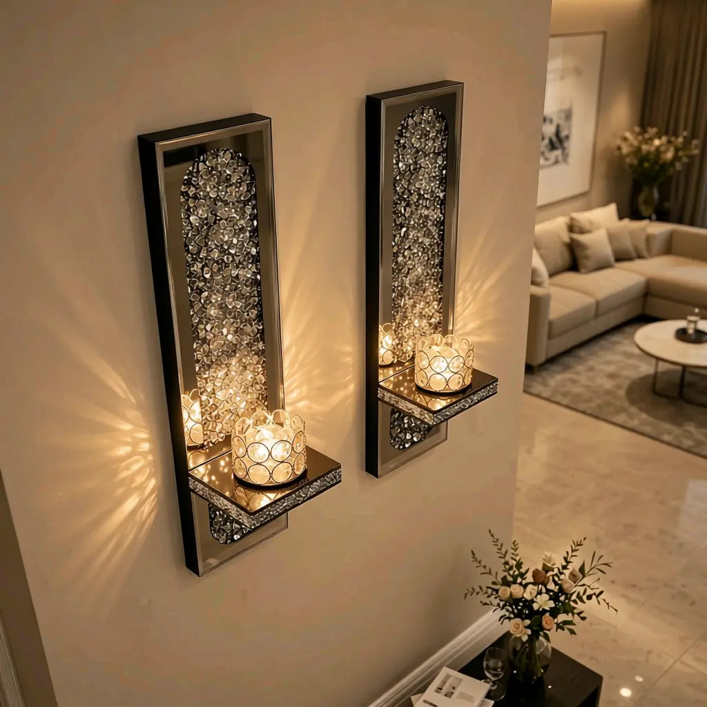 2-Piece Gold Crystal Mirror Wall Candle Sconce Set
